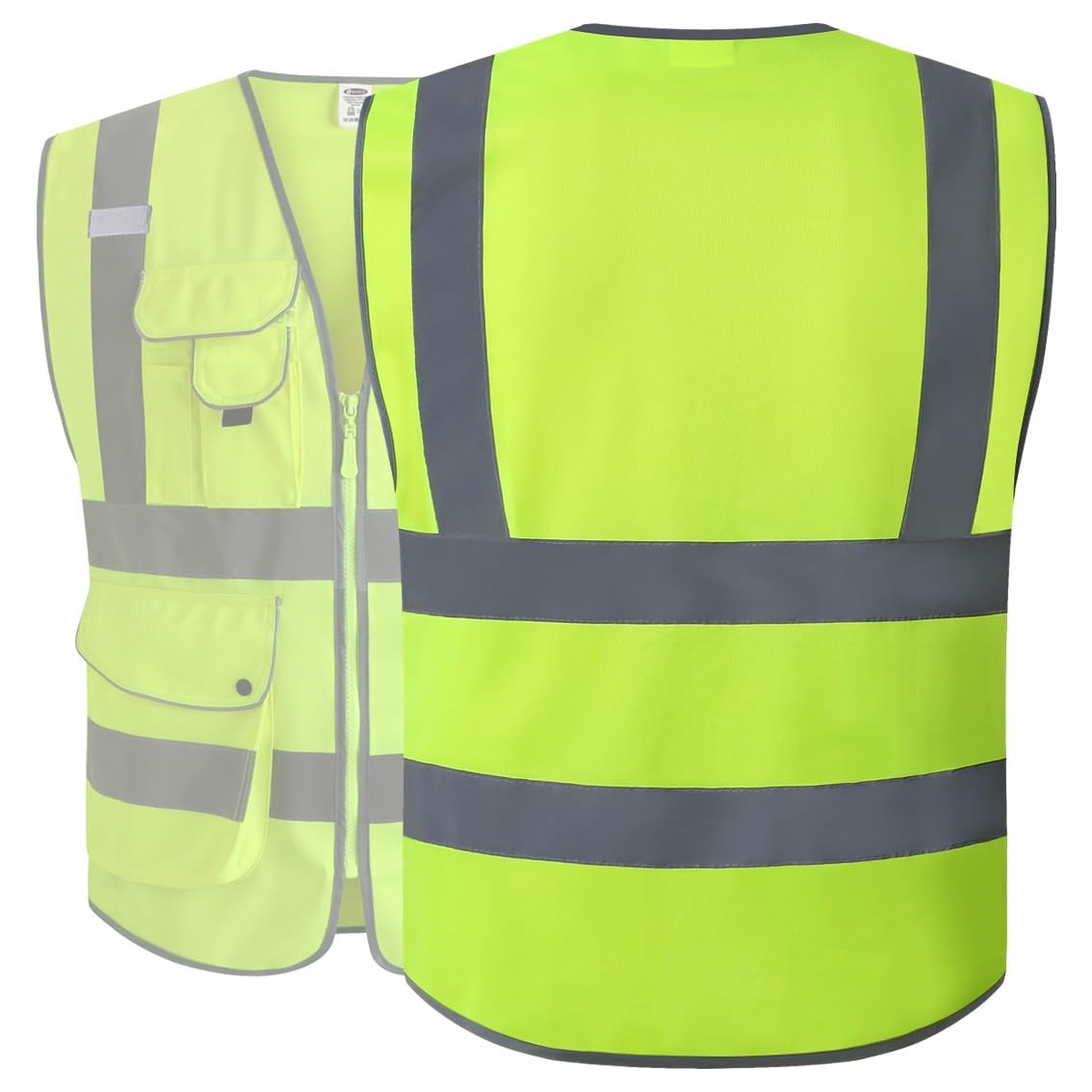 JKSafety 20 Pack 9 Pockets Class 2 High Visibility Zipper Front Safety Vest With Reflective Strips,Meets ANSI/ISEA Standard (X-Large, 156-Yellow)