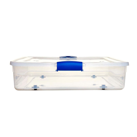 HOMZ 2-Pack Under Bed Storage, Clear Plastic Containers with Lids, 56 Quart, Blue Latch - Stackable Underbed Organizer Bins for Shoes, Bags, Clothes, and Towels