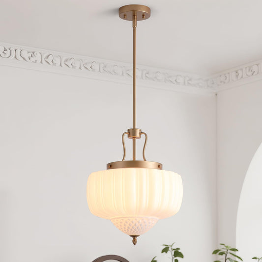 Blhxian Milk Glass Pendant Light,14" Brass Chandelier,Ceiling Light Fixture Chandelier with Milk Glass Shade,Adjustable Height Pendant Lights Kitchen Island for Entryway Hallway Kitchen Foyer