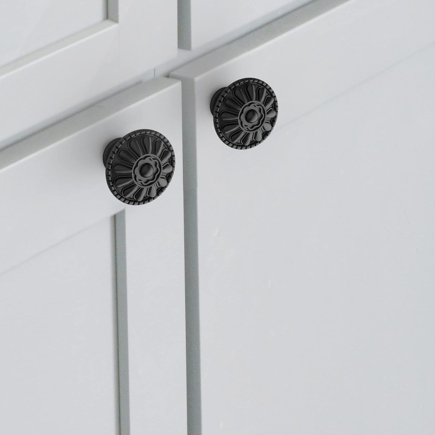 trust4care 9-Pack EU Style Matte Black Cabinet Knobs, 1.25 Inch Round Zinc Kitchen Drawer Pull Knobs with Victorian Floral Pattern, Farmhouse Dresser Furniture Handle Hardware