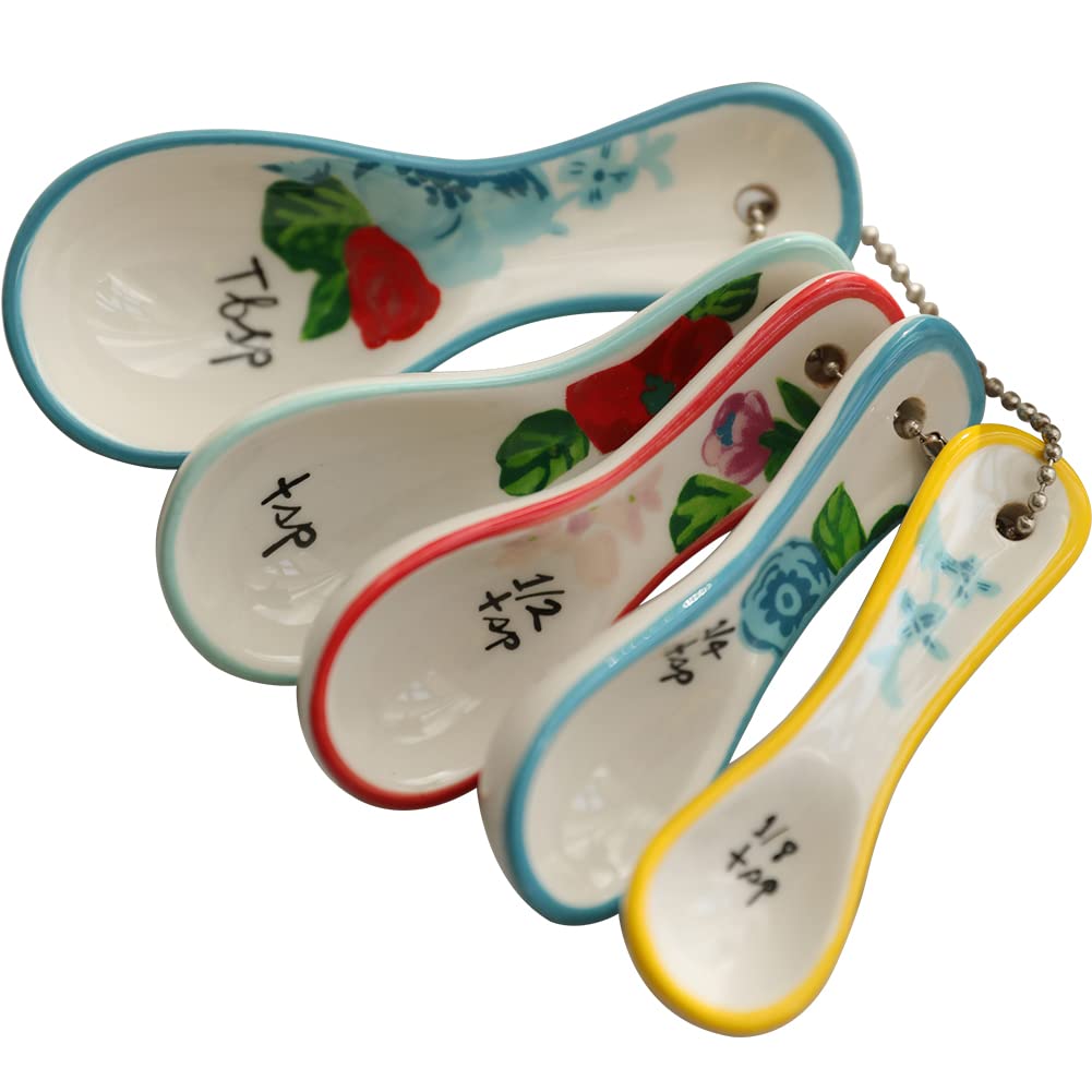 WAYUTO 5Pcs Ceramics Baking Measuring Spoons Set Dishwasher Safe Cute Flower Teaspoon Dry & Liquid Ingredients Decorative Kitchen Baking Spoons 1 Tbsp 1 TSP 1/2 TSP 1/4 TSP 1/8 TSP