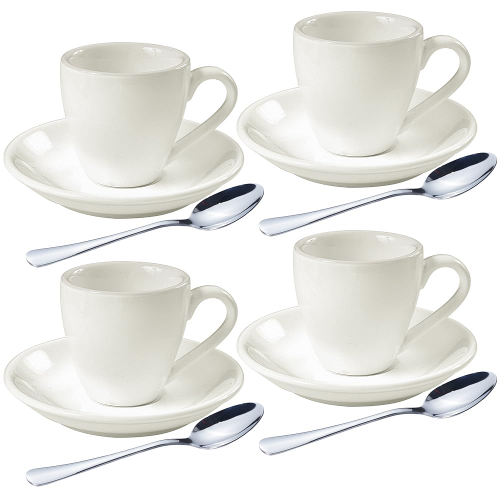 homEdge Porcelain Espresso Shot Cup Set with Saucers and Stainless Steel Spoons - 80 ml / 2.67 oz, Set of 4, White