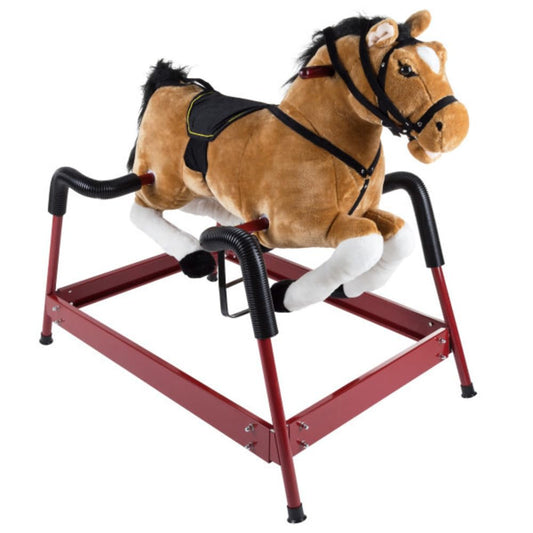 Spring Rocking Horse - Plush Bouncy Ride-On Toy with Fun Sounds, Wood Handles, and Adjustable Stirrups for Kids Ages 3 to 6 by Happy Trails (Brown)