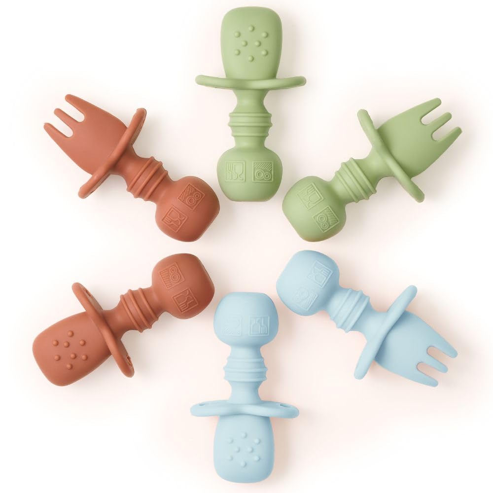 Tooshka® Baby Utensil Set (6 pcs) - Self Feeding Spoons - Silicone & BPA Free - Baby-Led Weaning (BLW) Supplies - Ages 6+ Months - Set of 6 - Brown, Green, & Blue