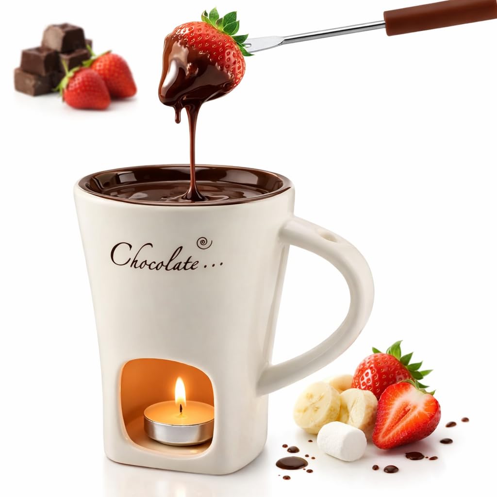 Fondue Mug Set for Chocolate Ceramic Melting Cups Tealight, Mini Fondue Pot Kit with Fork & Candle,Candy warmer, Perfect Gift for Date Nights Valentines Birthday Wedding Gift Dessert lovers (1, White)