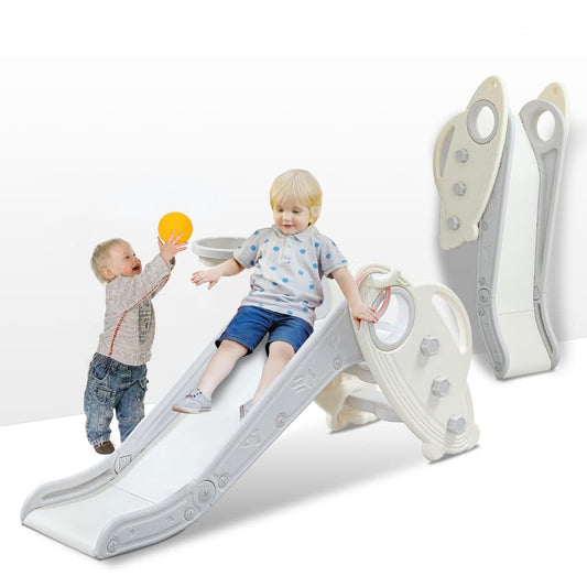 Kids Slide for Toddler Indoor Baby Plastic Slide Outdoor Climber Freestanding Playset with Basketball Hoop & Ring Game Grey
