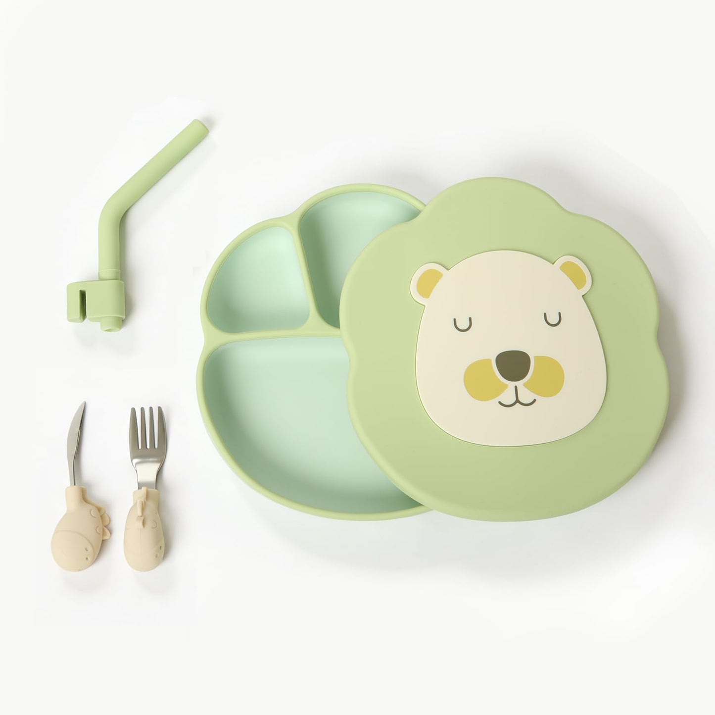 dwoo Baby Silicone Suction Plates for Toddler, Divided Self-Feeding Plate Set with 316 Stainless Steel Spoon & Fork, Dust Cover & Straw, Baby Led Weaning Supplies (Lion Design)