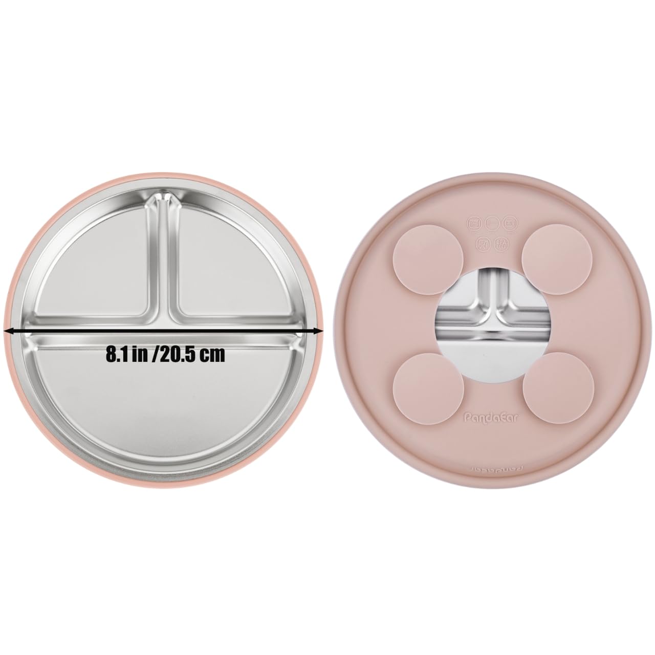 PandaEar Stainless Steel Baby Feeding Set | 2 Divided Suction Plates, 2 Spill-Proof Straw Cups with Silicone Sleeves, 2 Forks & 2 Spoons | Toddler Utensils for Baby Led Weaning, BPA-Free (Pink)