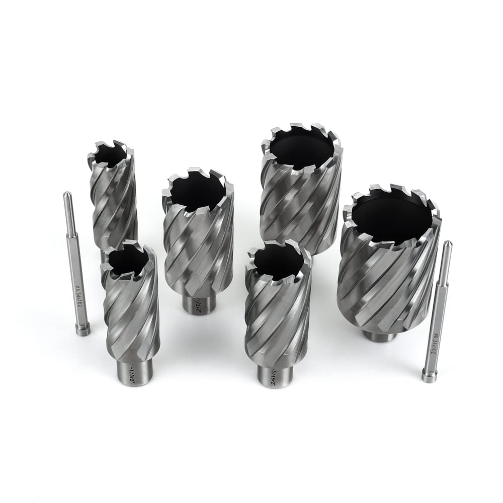 OSCARBIDE Annular Cutter Set 8 Pieces, 3/4" Weldon Shank, 2" Cutting Depth,Cutting Diameter(1,1-1/8,1-5/16,1-1/2,1-3/4 and 2) inch, Mag Drill Bits for Magnetic Drill Press with 2pcs Pilot Pins