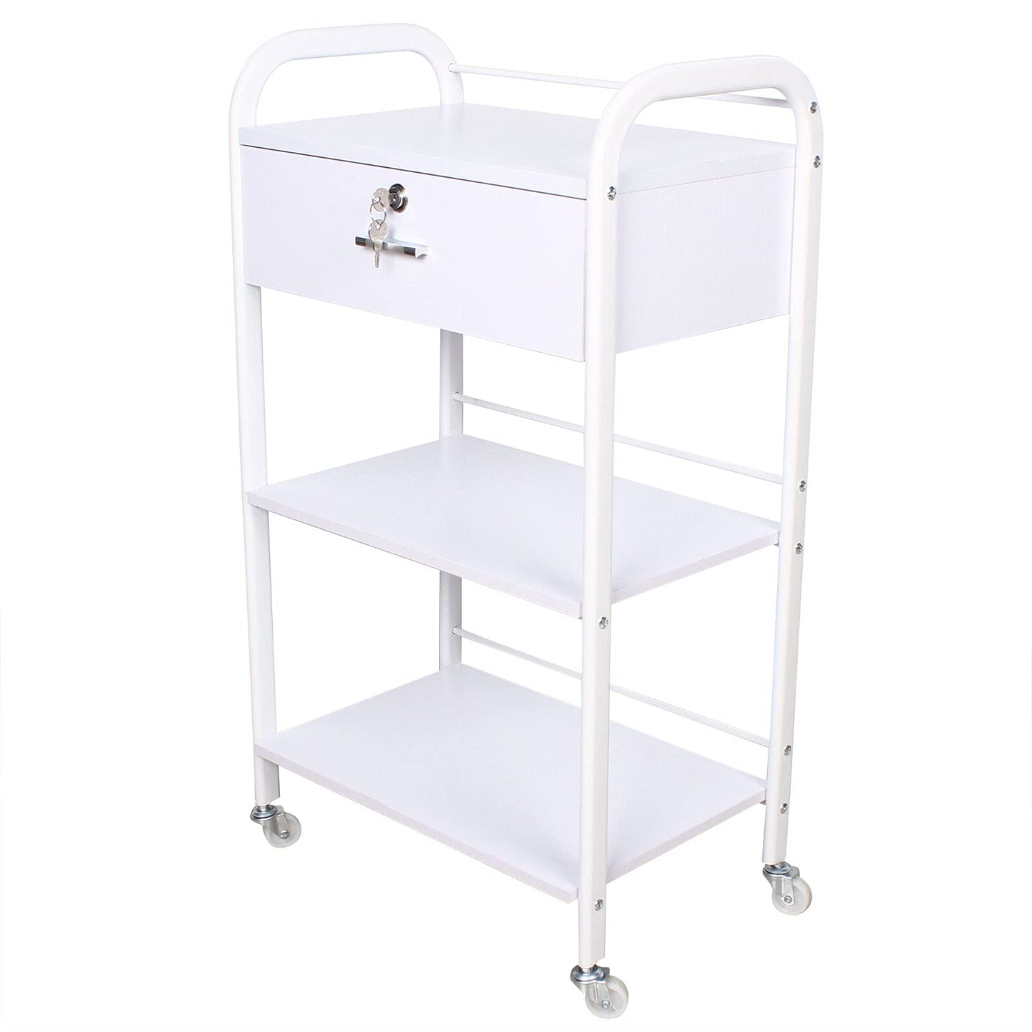 DYRABREST 3-Tier Utility Cart with Drawer, Mobile Serving Cart for Esthetician, Dental, Medical, Kitchen, Salon, 33LBS Load Capacity, White Rolling Trolley