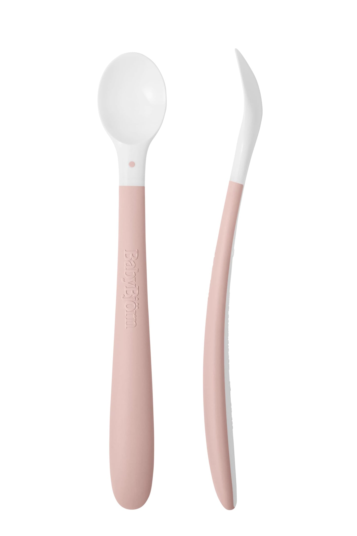 BabyBjörn Feeding Spoon, 2-Pack, Powder Pink Includes Baby Plate, Baby Fork, Baby Spoon, and Baby Cup Dishwasher Safe Toddler Feeding Set for self-Feeding or Baby-led Weaning