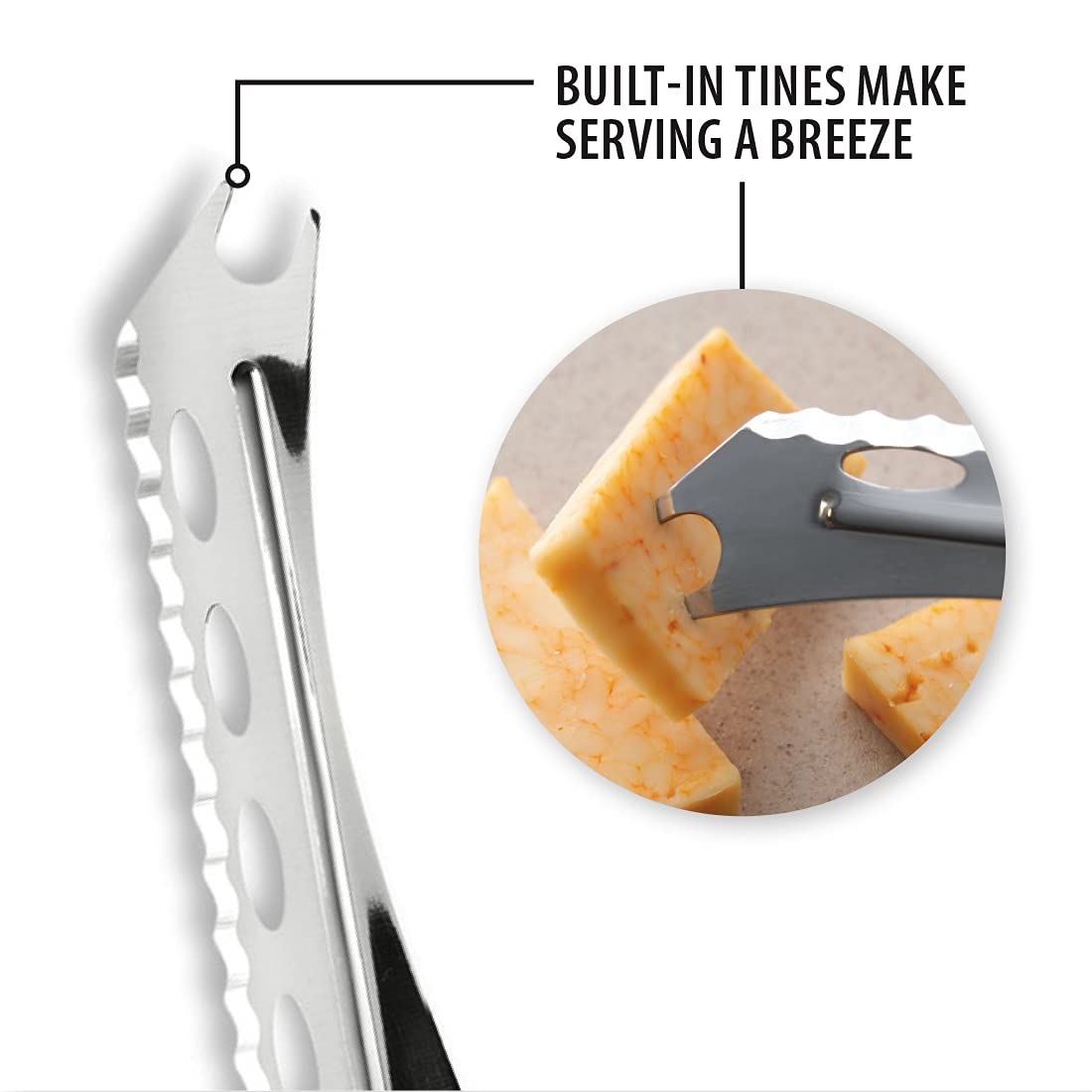 Rada Cutlery Cheese Knife (R139), 5.25" Stainless Steel Serrated Blade with Ridged Cutouts and Forked End, Silver Handle