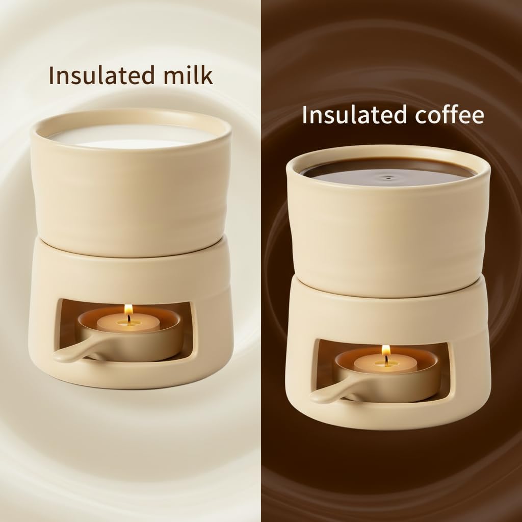 Sweet Fondue Mug with Candle Holder | Ceramic Chocolate Melting Cup & Reusable Candle Warmer Base | Mini Fondue Pot for Romantic Dates, Birthday Gifts (Wheat Yellow)