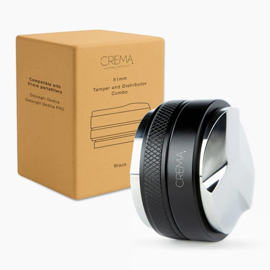 CREMA Coffee Products 51mm Hand Tamper & Coffee Distributor for Delonghi | Compatible w/any 51mm | Double-Sided, Adjustable Depth Tool | Durable 304 Stainless Steel | Black
