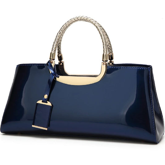 XingChen Glossy Women Handbag Faux Patent Leather Top-Handle Bag Structured Shoulder Bag Tote Evening Purse Party Satchel(Blue)