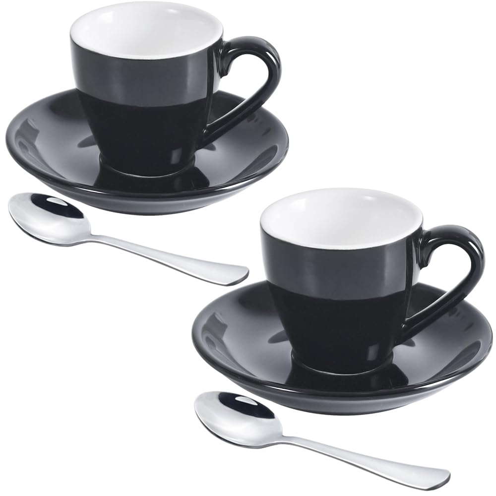 ionEgg Porcelain Espresso Cup with Saucer And Stainless Steel mini Spoons, Espresso shot Cup, 80ml/2.7Oz, Pack of 2, Black
