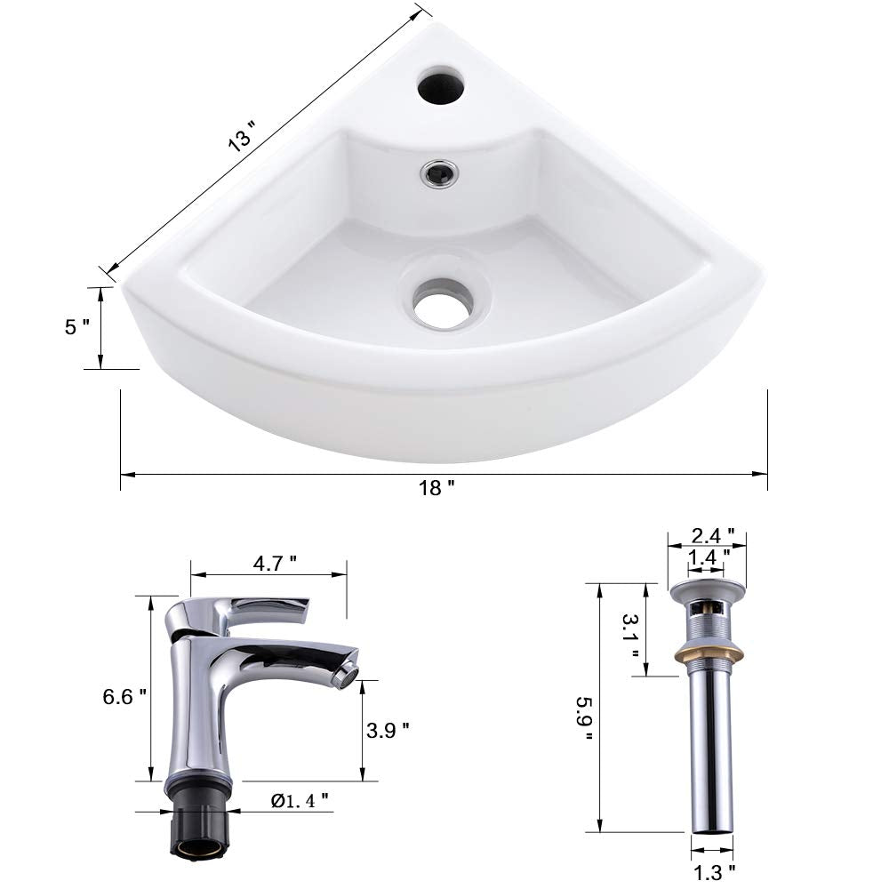 Wall Mount Corner Bathroom Sink with Faucet-Bokaiya 18x13 Inch Small Bathroom Sink with Overflow Wall Mount Triangle White Porcelain Ceramic Mini Vanity Space Vessel Sink