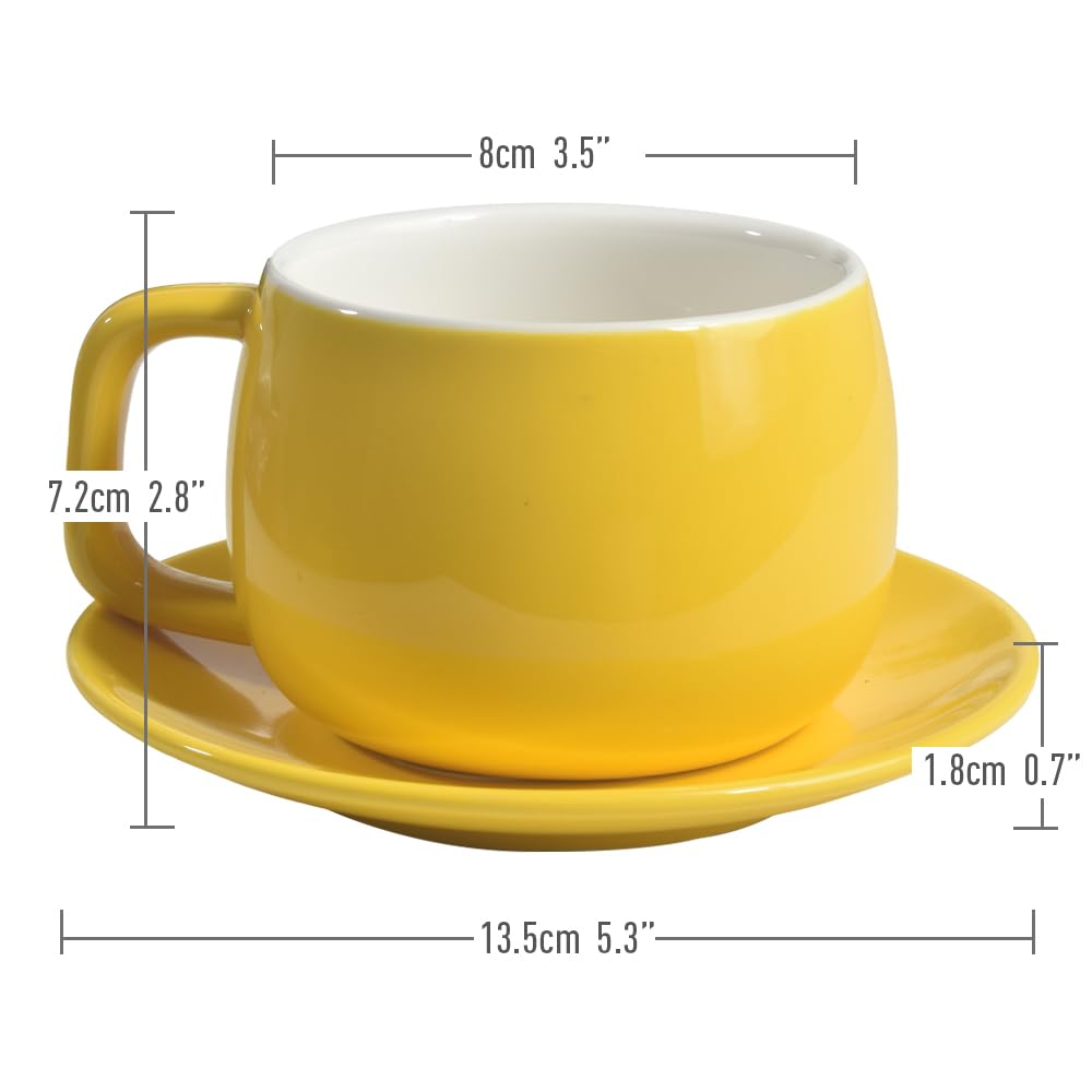 ionEgg Porcelain Coffee Cup with Saucers and Spoons 270ml/9oz for Latte, Cappuccino and Tea, Yellow, Set of 2