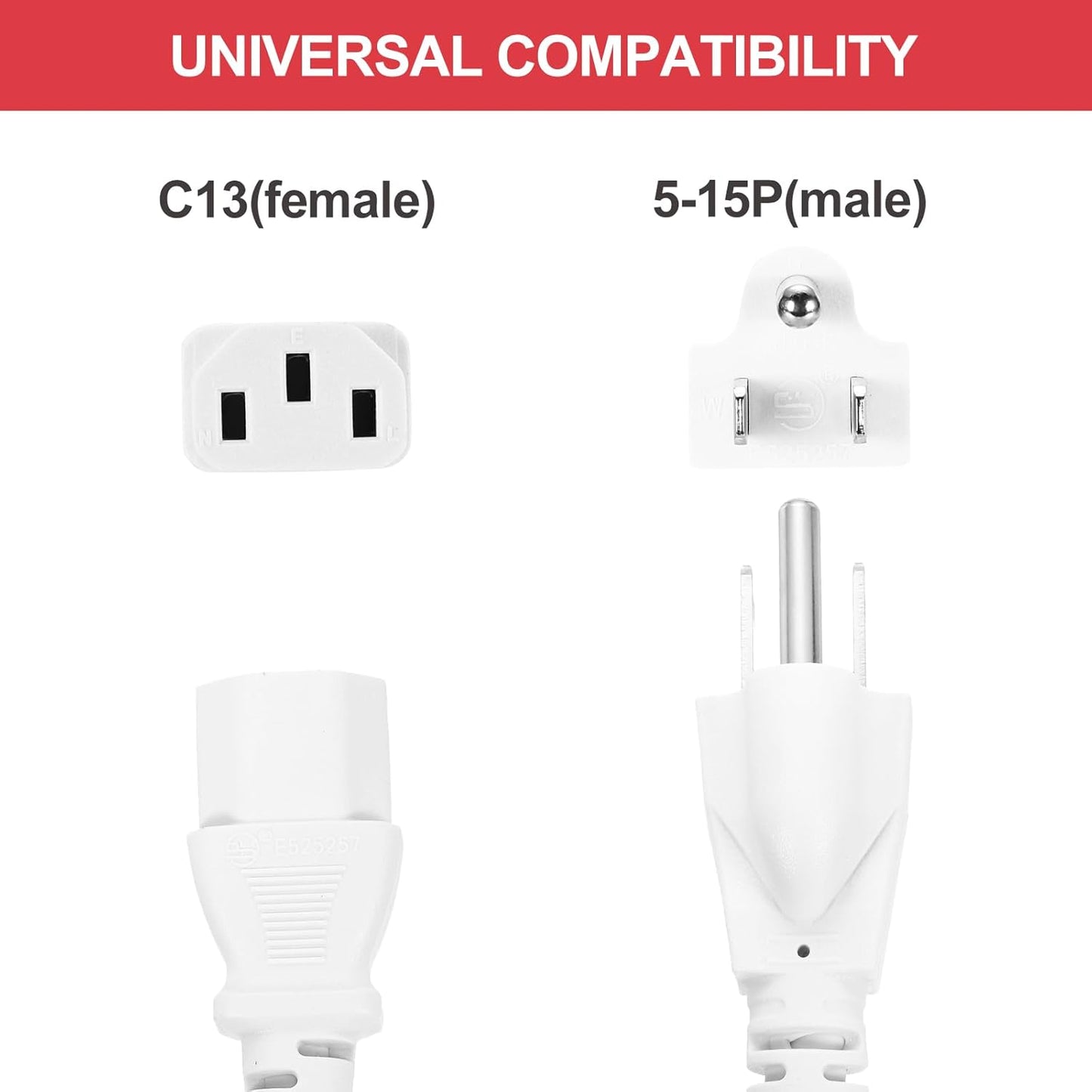 MECCANIXITY 20ft 18 18/3 C13 5-15P 10A 125V 3-Prong AWG White Universal Power Cord to NEMA Extension Power Cord