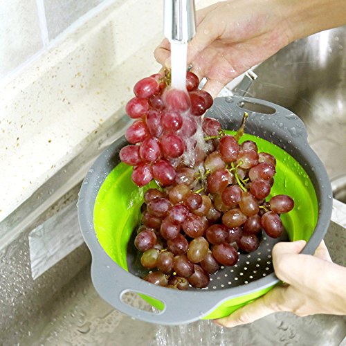 QiMH Collapsible Colander and Strainer Set of 4, 2 PC 4 Quart(1 gal) and 2 PC 2 Quart(0.5 gal), Food-grade Sturdy Plastic Base - Round Space-save Silicone Kitchen Foldable Strainer for Pasta, Veggies