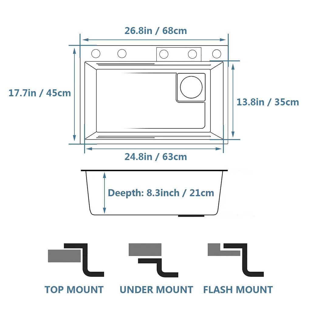 Black Waterfall Kitchen Sink, Drop in Single Bowl Stainless Steel Bar Sink with Cup Washer Sinks, Topmount Workstation Kitchen Sink with Accessories (Size : 26.8 x 17.7in)