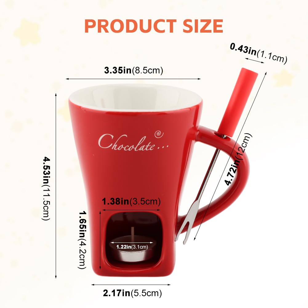 Chocolate Fondue Cup,Chocolate Fondue Mug with Fork and Candle,Ceramic Chocolate Melting Cup for Birthday Date Night Birthday Wedding Gifts (11.5 * 5.5 * 8.5cm,COLOR:Red)