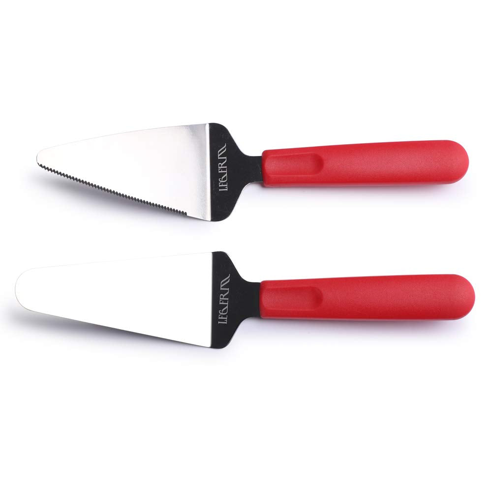 LEGERM Professional Stainless Steel Pie Spatula Server - 2-Pack Red Cake Cutter & Pizza, Dessert Serving Knife Set - Dishwasher Safe Kitchen Tool