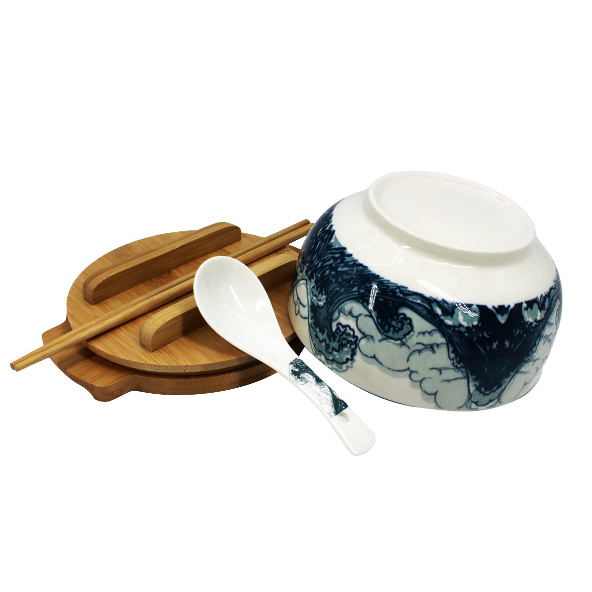 XWORLD Japanese Ceramic Ramen Noodle Bowls Set with Ceramic Spoon, Bamboo Chopsticks, Lid & Trivet, Serving Capacity of 33.8 OZ, Microwavable Oven Safety (3.3” x 6.6” D) (Blue Sea)