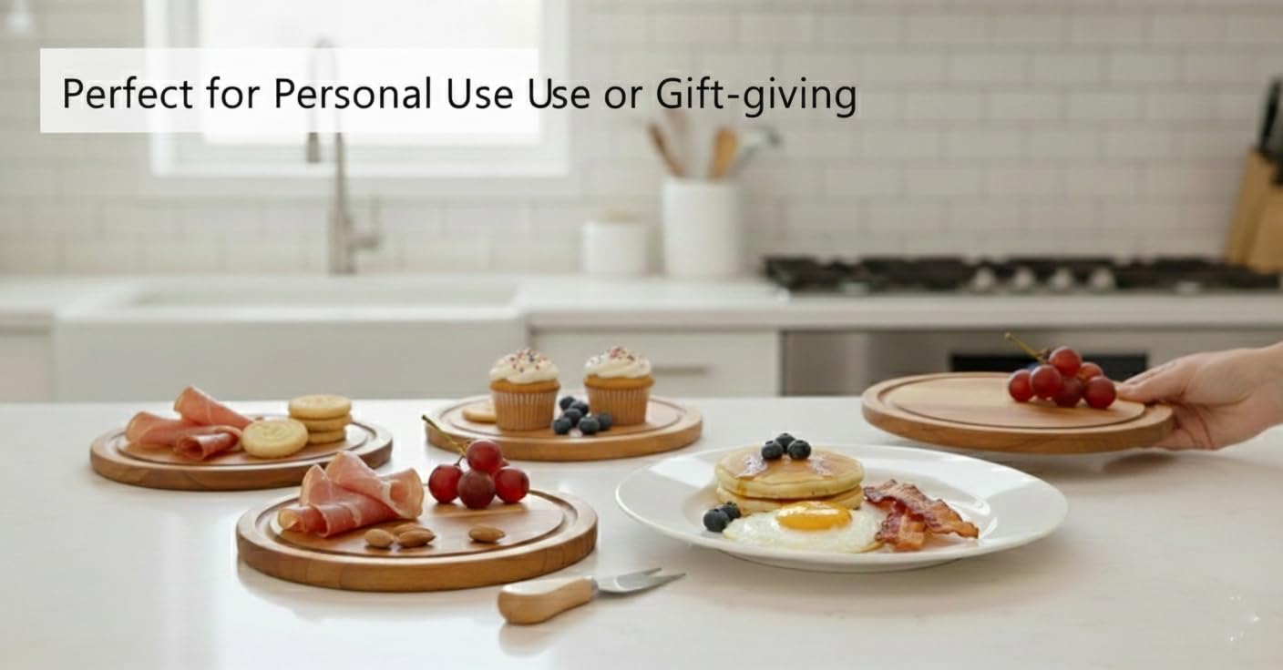 KinShare 4-Pack Small Personal Charcuterie Cheese Board Set & Serving Tray- 6 Inch Mini Appetizer Plate with Knives & Forks, Acacia Wood Gift package for Wedding, Bridal & Baby Shower Party Gift