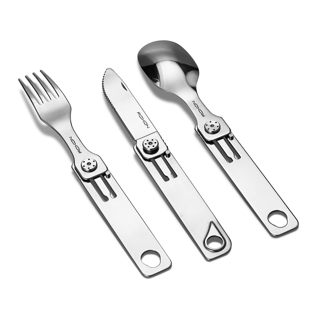 ROXON 3-in-1 Knife Spoons Fork + Pouch - Magnetic Folding Stainless Steel Camping Utensils Set - EDC Portable Lightweight Cutlery for Hiking Backpacking Travel Lunchbox Outdoor Silverware Essentials