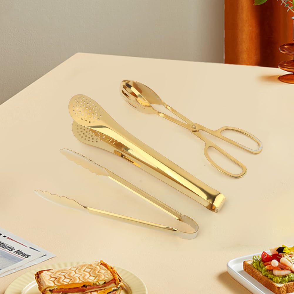 Serving Tongs,Stainless Steel Buffet Tongs, Kitchen Tongs Serving Utensils for Salad Buffet Appetizer Dessert Food Parties Wedding Party Catering, 3 Different Type Food Tongs(Gold)