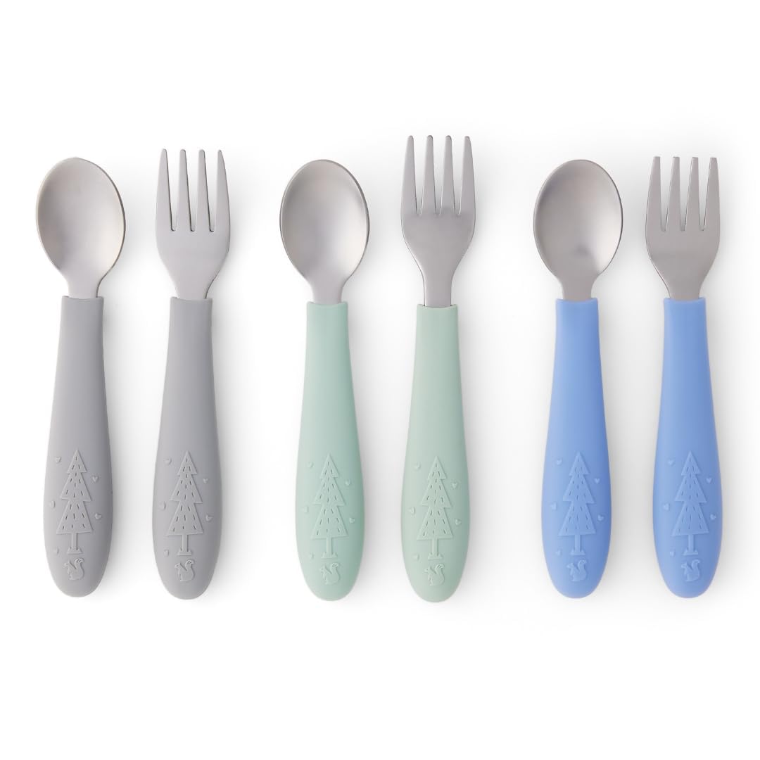 Elk and Friends Kids Silverware with Silicone Handle | Childrens Safe Flatware | Toddler Utensils | Baby Spoons + Forks | Stainless Steel Cutlery | Dishwasher Safe | 6 Pieces