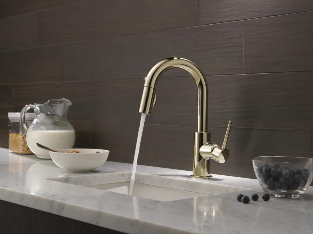 Delta Trinsic Polished Nickel Bar Sink Faucet Single Hole with Pull Down Sprayer, Modern Single Handle Prep Sink and Bar Faucet, Polished Nickel 9959-PN-DST