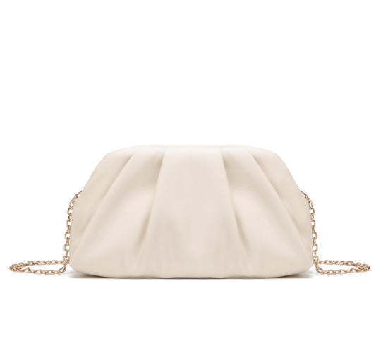 Dreubea Women's Fashion Cloud Shape Evening Bag Charming Fold Leather Clutch Handbag with Chain Beige