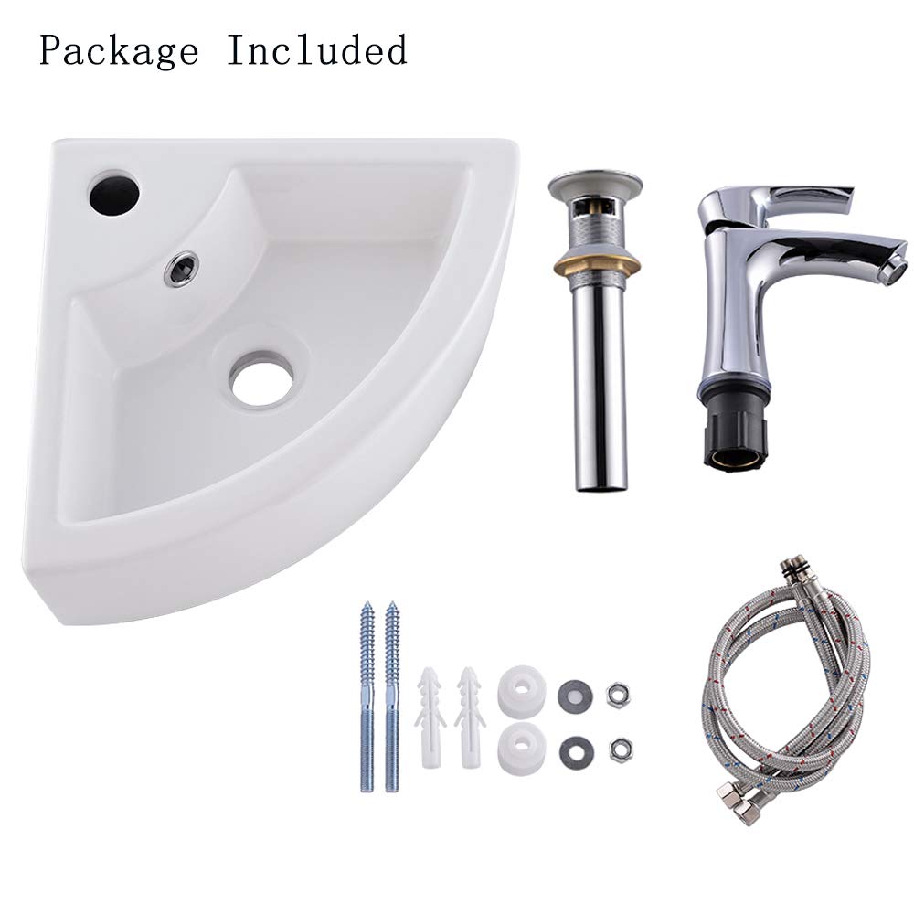 Wall Mount Corner Bathroom Sink with Faucet-Bokaiya 18x13 Inch Small Bathroom Sink with Overflow Wall Mount Triangle White Porcelain Ceramic Mini Vanity Space Vessel Sink