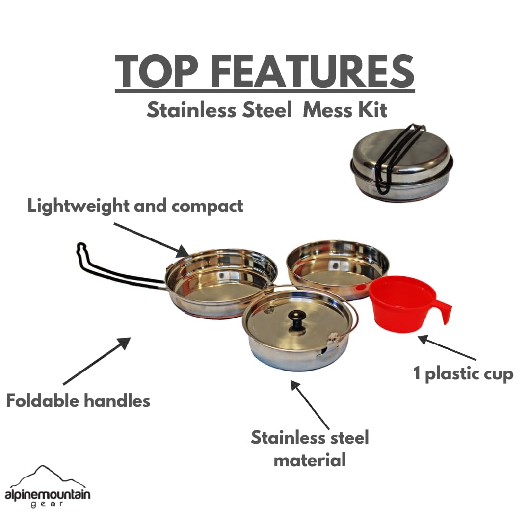 Alpine Mountain Gear Stainless Steel Mess Kit - Steel Camping Cookware with Carrying Bag (Made by Caddis Sports)