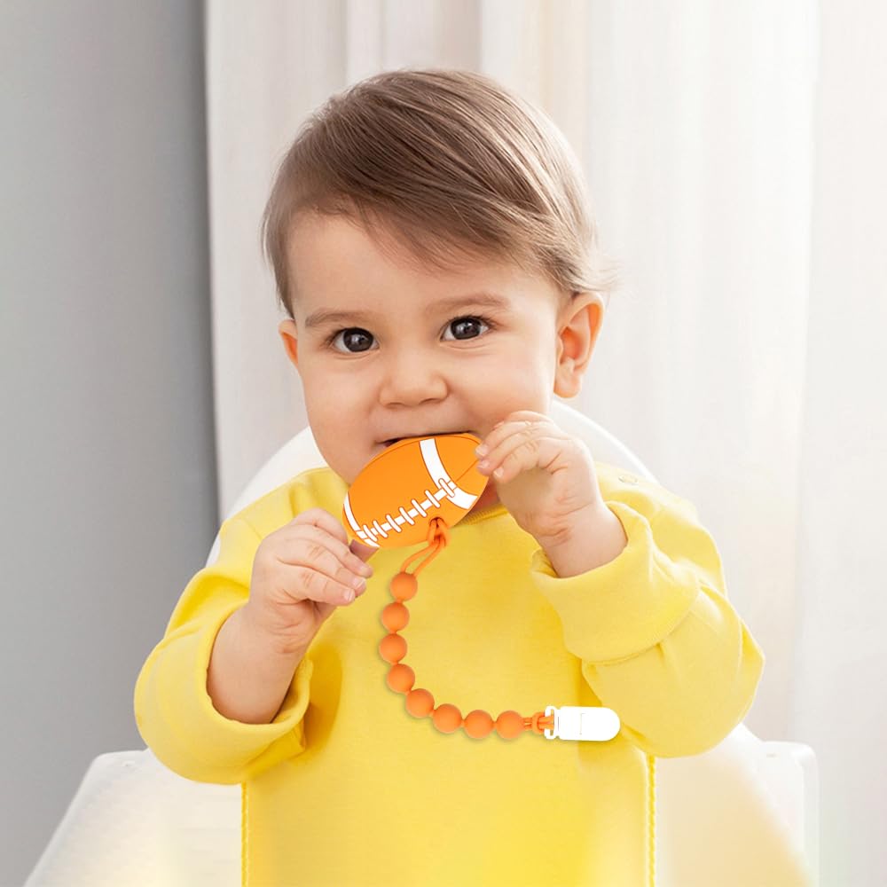 Baby Food Grade Silicone Sport Ball Teether Toy with Pacifier Clip Holder,Teething Pain Relief Toys Gift Set for 3 Months+ Boys and Girls,Freezer Safe,BPA Free. (American Football)