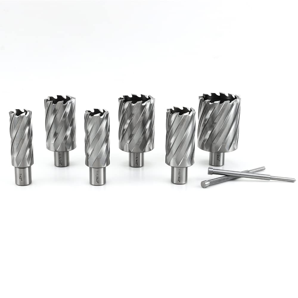 OSCARBIDE Annular Cutter Set 8 Pieces, 3/4" Weldon Shank, 2" Cutting Depth,Cutting Diameter(1,1-1/8,1-5/16,1-1/2,1-3/4 and 2) inch, Mag Drill Bits for Magnetic Drill Press with 2pcs Pilot Pins