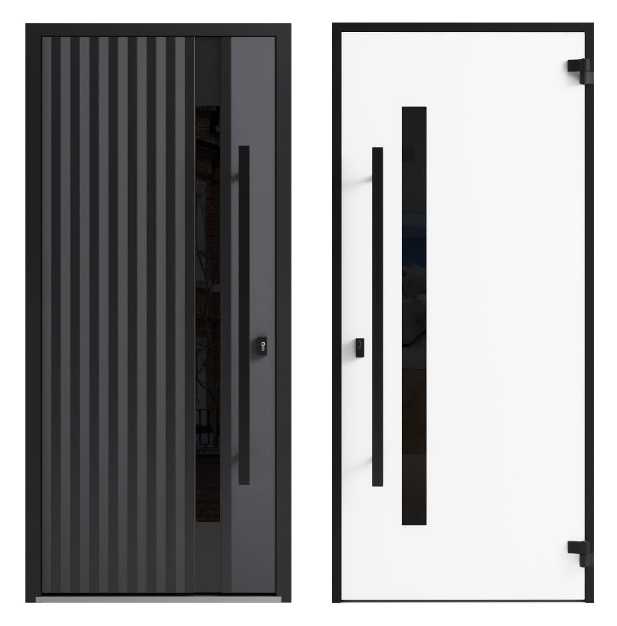 VDOMDOORS Front Exterior Prehung Steel Door/Ronex 0144 Grey / 2 Side and Top Exterior Window Sidelite/Entry Metal Modern Painted W12+36+12" x H80+16" Right Hand Inswing