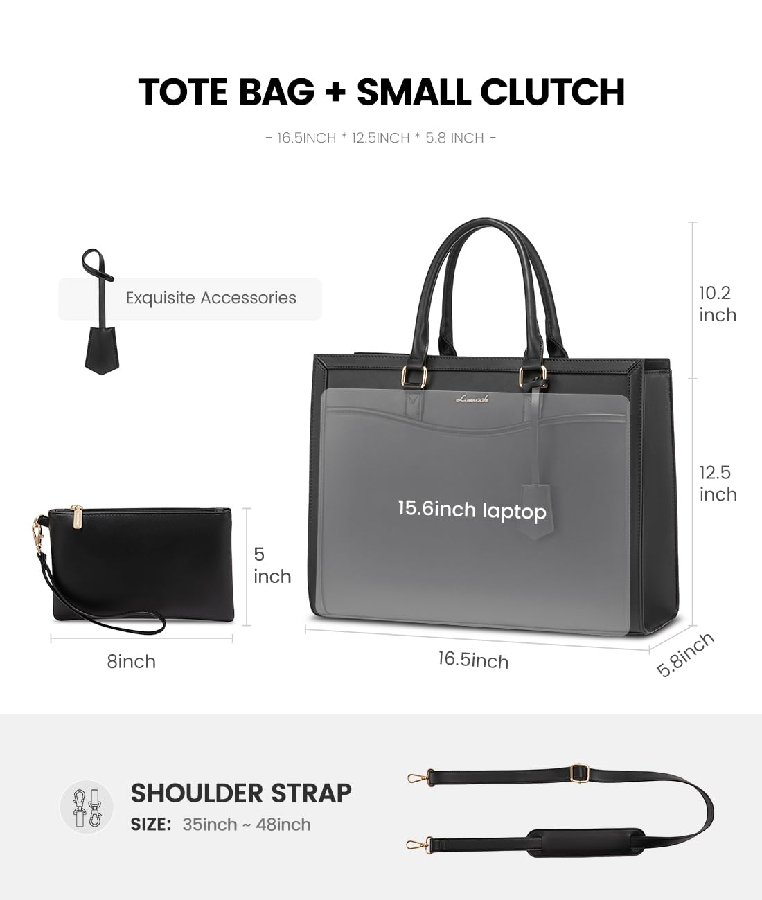 LOVEVOOK Laptop Tote Bag for Women, Leather Office Work Bag Briefcase fit for 15.6 inch Laptop, Large Teacher Computer Bag Handbag,2pcs Set Leather/Black