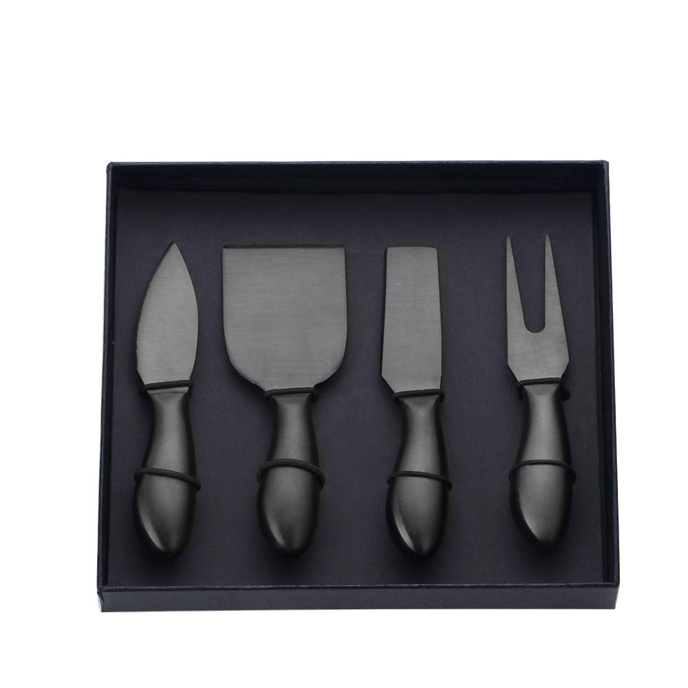 Buyer Star Black 4 Piece Cheese Knife Set Stainless Steel Mini Cheese knives Charcuterie Board Accessories Cheese Spreader Knife with Present Box for Charcuterie, Present-Ready