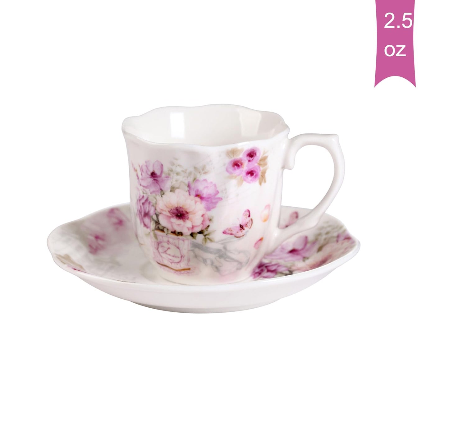 GuangYang 2.5 oz Porcelain Espresso Cups and Saucers Set – Floral Design, Purple Pattern – Gift-Ready, Elegant Mini Coffee Set of 6 for Home or Gifting