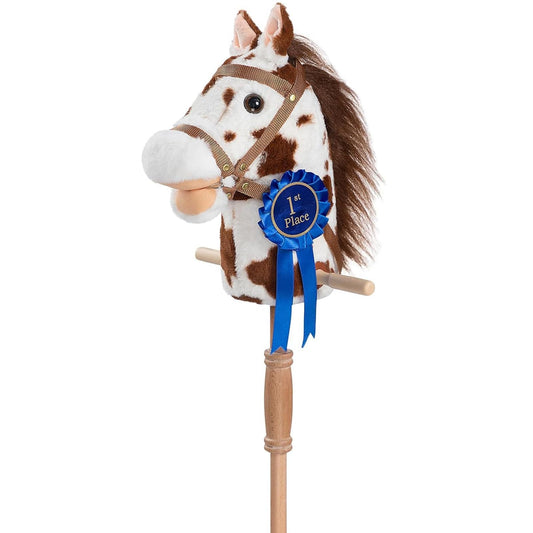 HollyHOME Stick Horse Plush with Detachable Blue Ribbon Champion Hobby Horse on Stick with Wood Wheels Real Pony Neighing for Kids Toddlers Appaloosa 36 Inches(AA Batteries Required)