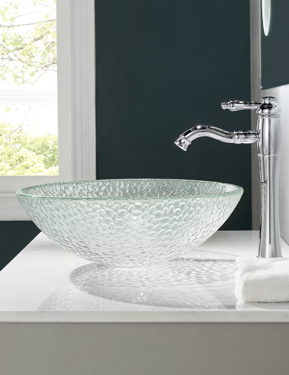 FANWIN STAR Pearl Series Glass Vessel Sink In Ice Top Raindrop Mount Sinks Above Countertop | Vanity Countertop Clear Transparent Sink Bowl with Pop Up Drain | FW-LA623