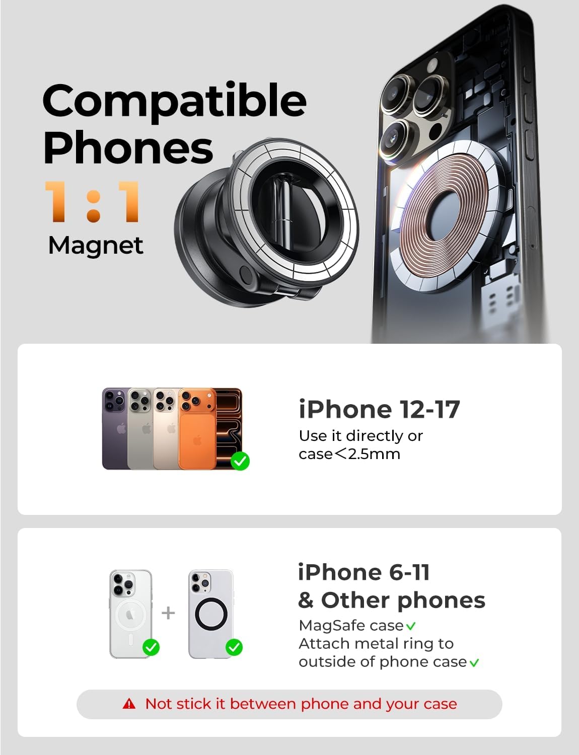 LISEN 17 16 15 14 13 12 for Magsafe Car Mount, Magnetic Phone Holders for Your Car, Vacuum Phone Mount for Car