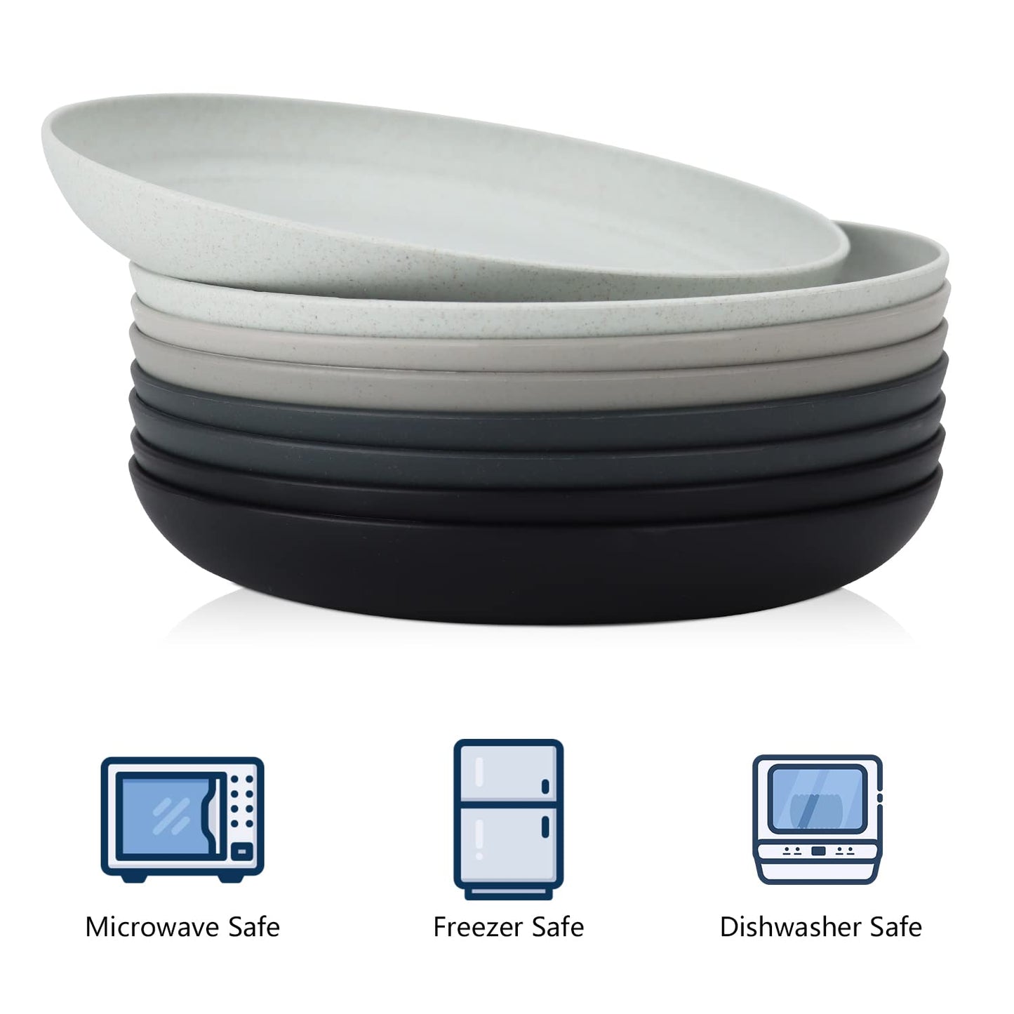 Homienly Deep Dinner Set of 8 - Alternative for Plastic, Microwave and Dishwasher Safe Wheat Straw Plates for Kitchen, Unbreakable Kids With 4 Colors (Stone Grey, 9 Inch)