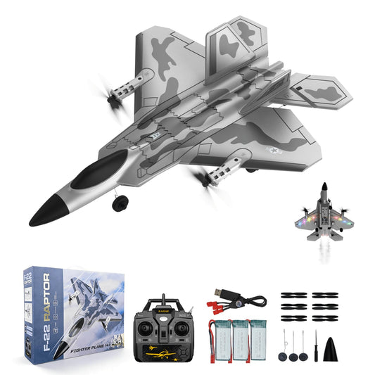 RCkuler 4-CH F-22 Raptor RC Plane with light, RTF Remote Control Airplane with 6-Axis Gyro Stabilizer,Aerobatic & Vertical Flight Mode, Upgraded Dual Motors, Professional RC Jet for Adults,3 Batteries