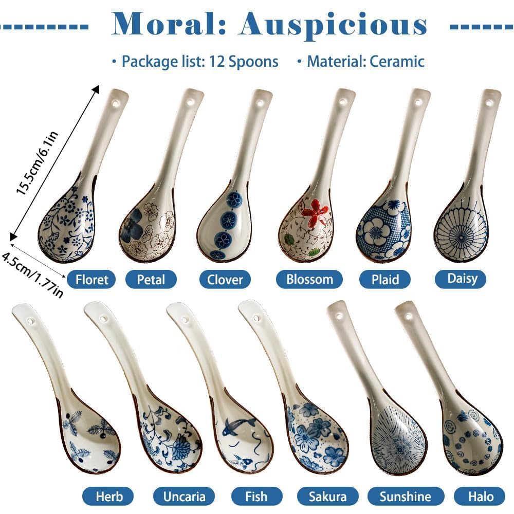 Raelitego 12pcs Asian Soup Spoon, Ceramic Chinese Soup Spoons, Deep Oval Hook Non-slip Japanese Spoons for Rice Ramen Pho Miso Soup Wonton Noodle, Luck and Prosperity Gifts for Friends Parents Family