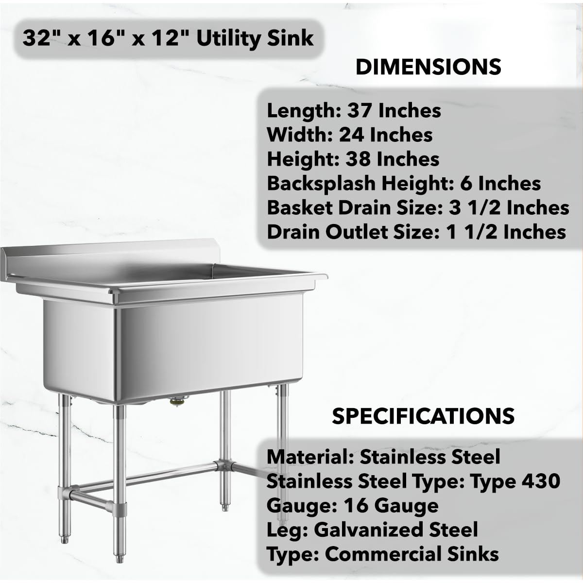 32" x 16" Stainless Steel Utility Sink with 6" Backsplash – 16-Gauge 304 Freestanding Commercial Prep & Wash Sink for Single-Inlet Faucet in Utility Rooms, Cafes, Bars, Foodservice Kitchens