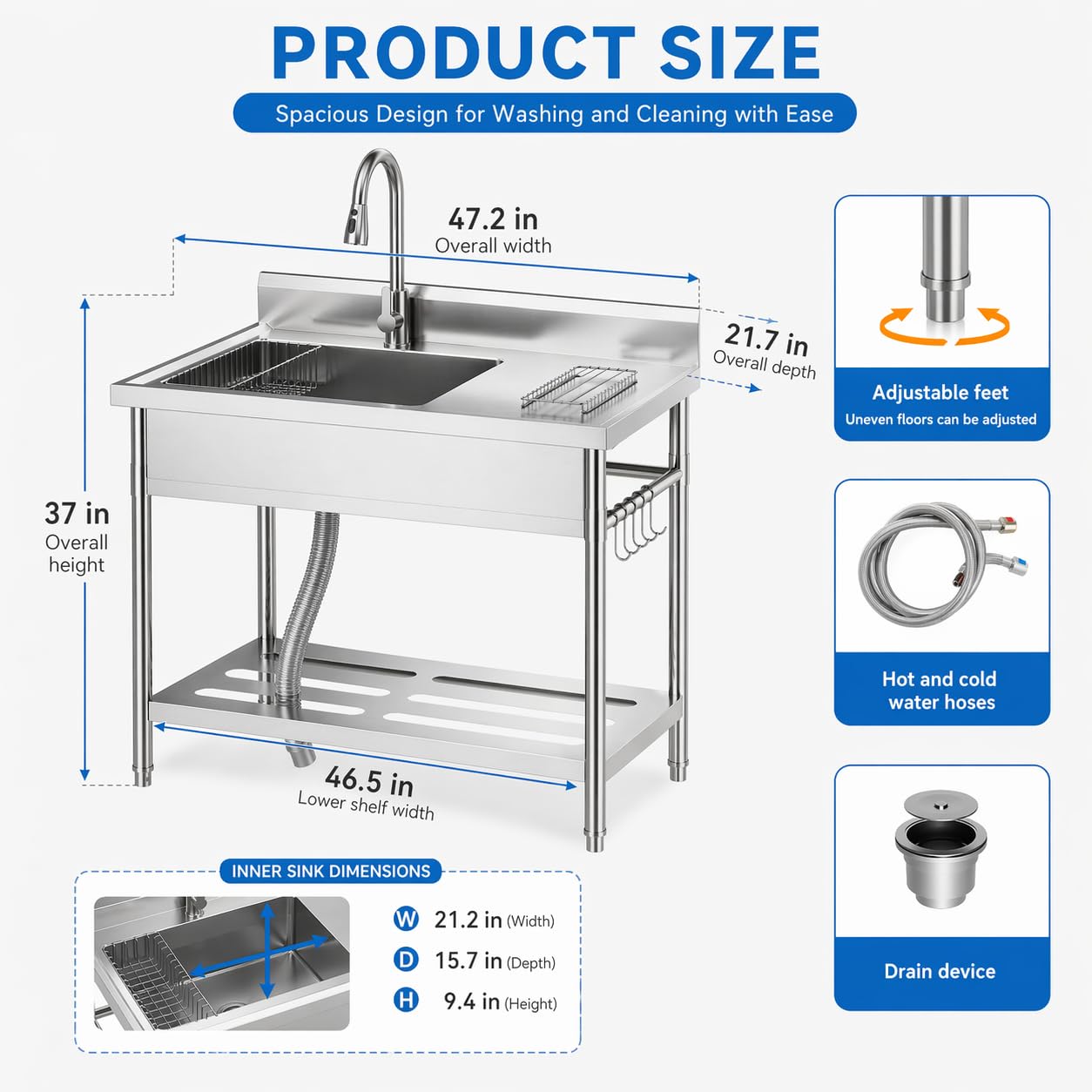 Gray Utility Sink, 47 x 22 x 37 Inch Freestanding Stainless Steel Single Bowl Laundry Sink With Pull-Down Faucet, Large Workbench Top, Modern Metallic Finish for Garage, Mudroom